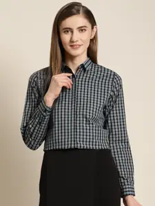 Hancock Women Black Pure Cotton Slim Fit Checked Formal Shirt