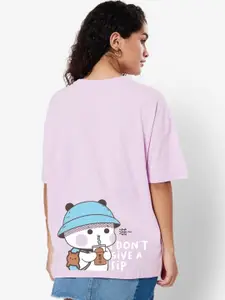 Bewakoof Women Purple & Blue Printed Cotton Drop-Shoulder Sleeves Oversized T-shirt