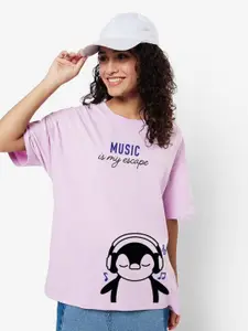 Bewakoof Women Purple & Black Printed Drop-Shoulder Sleeves Cotton T-shirt