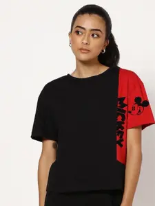 Bewakoof Women Black & Red Typography Mickey Mouse Drop-Shoulder Sleeves Cotton T-shirt
