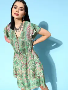 InWeave Women Green Ethnic Motifs Ruffled Dress