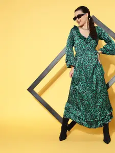 InWeave Women Green & Black Flared Sleeves Floral Printed Ruffled Midi Dress