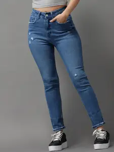 SHOWOFF Women Blue Jean Slim Fit High-Rise Low Distress Light Fade Stretchable Jeans