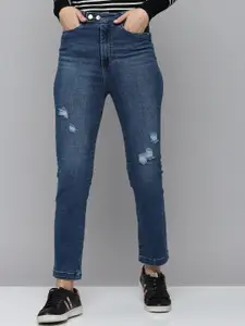 SHOWOFF Women Blue Jean Straight Fit High-Rise Low Distress Light Fade Stretchable Jeans