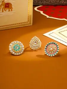Yellow Chimes Women Set of 3 White Kundan And Moti Studded Finger Ring