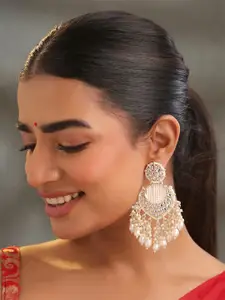 Yellow Chimes Gold Plated Kundan Pearl Chandbalis Earrings