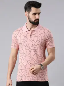Kryptic Men Pink Printed Polo Collar Monochrome Cotton T-shirt