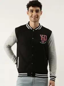 Maniac Men Black & Grey Colourblocked Varsity Jacket Button Down With Embroidered