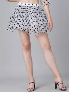 Cation Women White & Black Polka Printed Mini Flared Skirt