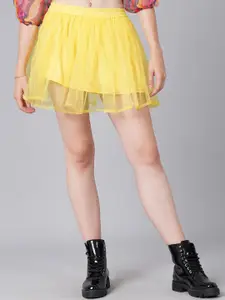 Cation Women Yellow  Solid A-line Flared Mini Skirts