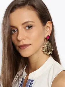Fida Antique Gold-Toned & Pink Contemporary Embellished Drop Earrings