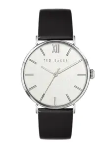 Ted Baker Men Brass Patterned Dial & Black Leather Straps Analogue Watch BKPPGS214