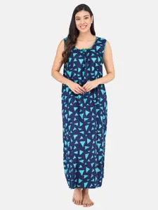 Shararat Women Blue Printed Pure Cotton Maxi Nightdress