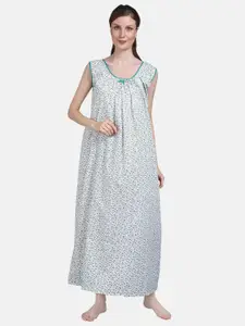 Shararat Women Sea Green Printed Pure Cotton Maxi Nightdress