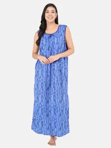 Shararat Women Blue Printed Pure Cotton Maxi Nightdress