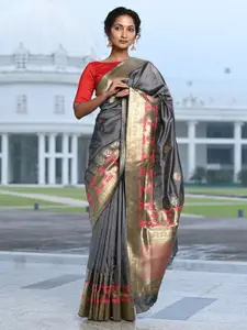 BEATITUDE Grey & Pink Woven Design Zari  Banarasi Saree