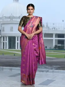 BEATITUDE Purple & Gold-Toned Floral Zari  Banarasi Saree