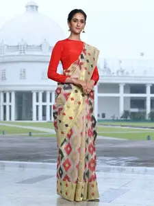 BEATITUDE Grey & Red Woven Design Zari Silk Blend Banarasi Saree
