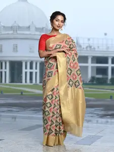 BEATITUDE Cream-Coloured & Red Woven Design Silk Blend Banarasi Saree