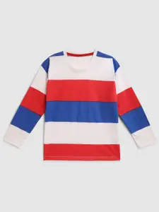 YK Boys Blue Red & White Horizontal Colour Blocked Striped T-shirt