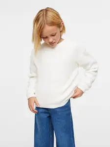Mango Kids Girls White Pure Cotton Solid Knitted Puff Sleeves Pullover