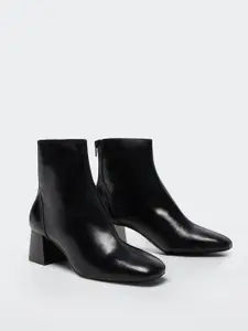 MANGO Women Black Solid Mid-Top Leather Block Heel Regular Boots