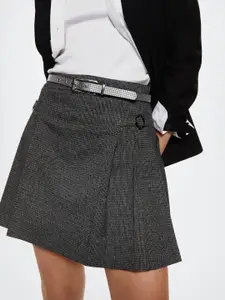 MANGO Women Charcoal Grey Self Design Buckle Detail Pleated Sustainable A-Line Mini Skirt