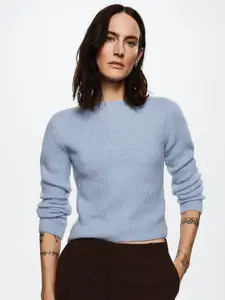MANGO Women Blue Round Neck Knitted Pullover
