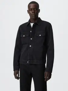 MANGO MAN Black Pure Cotton Sustainable Solid Denim Jacket