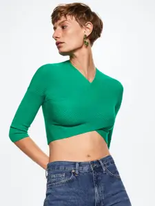 MANGO Women Green V-Neck Wrap Style Crop Pullover