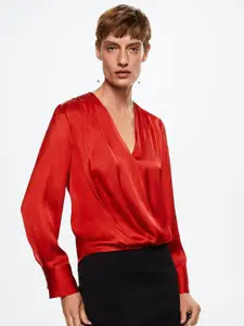 MANGO Red V-Neck Solid Woven Sustainable Top