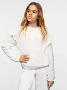 Mango Kids Girls White Solid Pure Cotton Pullover with Ruffles