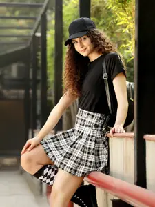 MANGO Women Black & White Checked A-Line Mini Sustainable Skirt