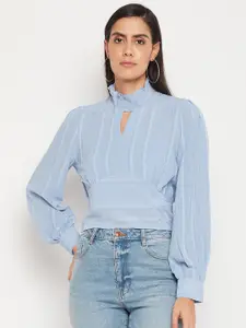 Madame Women Blue Striped Cuffed Sleeves Keyhole Neck Top