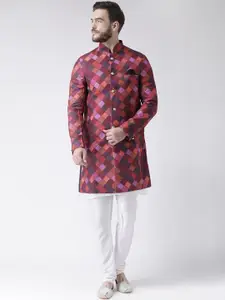 hangup trend Men Red & Purple Printed Kurta Pyjama Sherwani Set