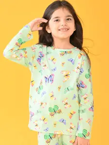 Anthrilo Girls Green & Blue Printed Cotton Night suit