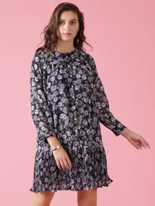 Gipsy Women Navy Blue & Grey Floral Peter Pan Collar Georgette A-Line Dress