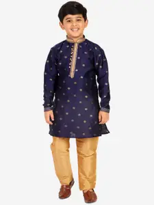 Pro-Ethic STYLE DEVELOPER Boys Navy Blue Floral Pure Silk Kurta with Pyjamas