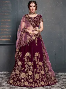 FABPIXEL Purple & Gold-Toned Embroidered Semi-Stitched Lehenga & Unstitched Blouse With Dupatta