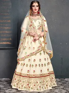 FABPIXEL Cream-Coloured & Red Embroidered Semi-Stitched Lehenga & Unstitched Blouse With Dupatta