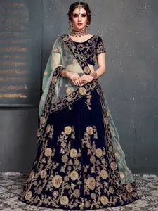 FABPIXEL Navy Blue & Gold-Toned Embroidered Semi-Stitched Lehenga & Unstitched Blouse With Dupatta