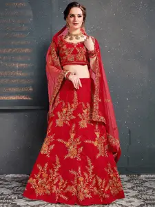FABPIXEL Red & Gold-Toned Embroidered Semi-Stitched Lehenga & Unstitched Blouse With Dupatta