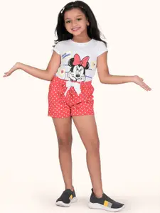 Zalio Girls White & Coral Minnie Mouse Printed Pure Cotton Top with Shorts
