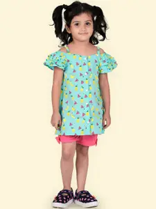 Zalio Girls Blue & Pink Printed Pure Cotton Top with Shorts