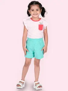 Zalio Girls Red & Sea Green Pure Cotton Striped Top with Shorts