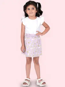 Zalio Girls White & Lavender Pure Cotton Top with Skirt