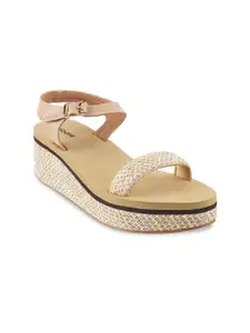 Mochi Mochi Beige Woven Design Wedge Sandals with Buckles