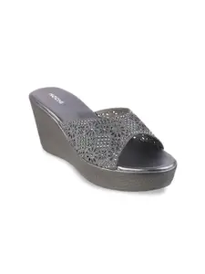 Mochi Grey Embellished Party Wedge Sandals with Laser Cuts
