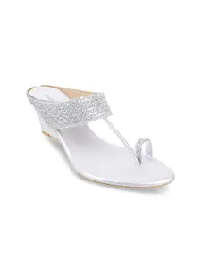 Mochi Silver-Toned Embellished Ethnic Wedge Sandals