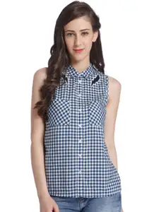 ONLY Women Blue & White Regular Fit Checked Casual Shirt